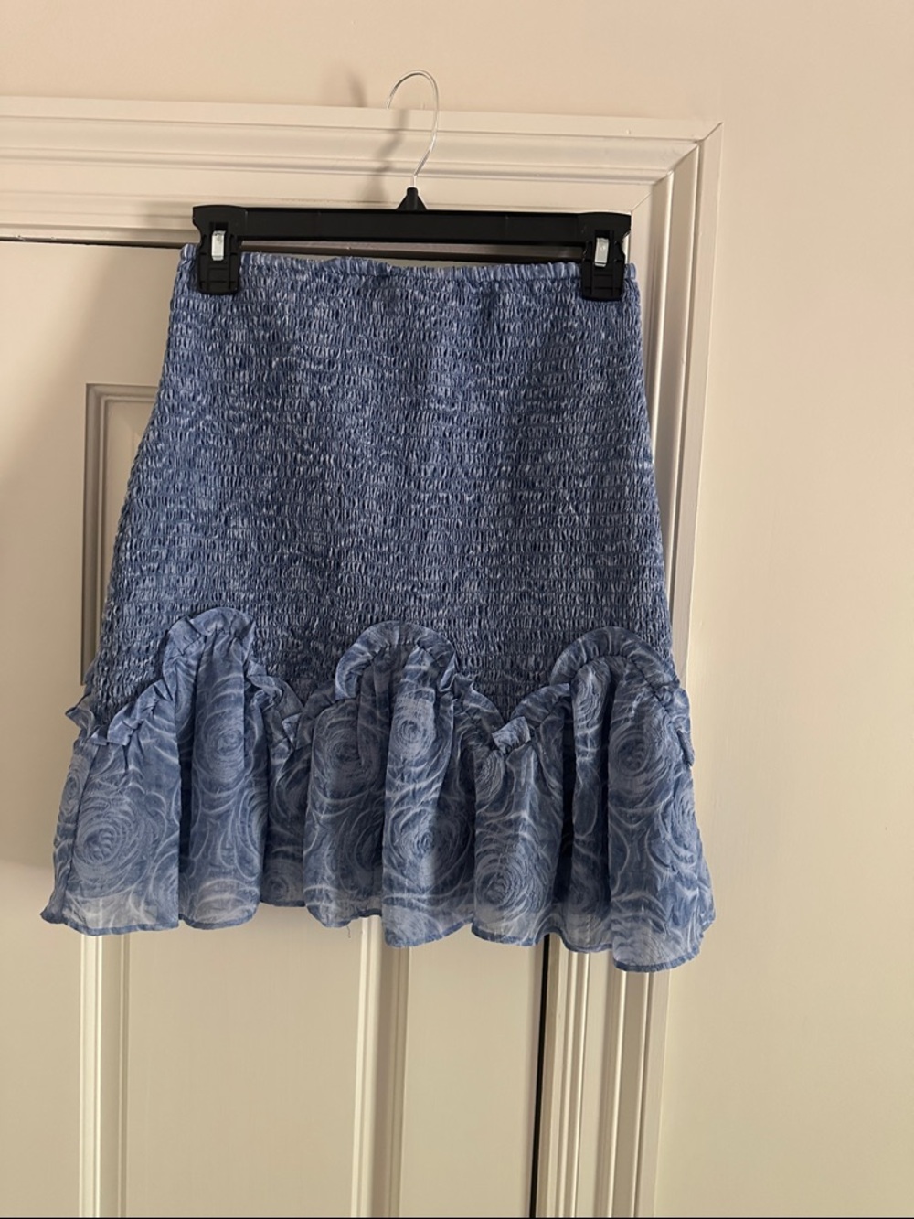 Elliatt Light Blue Smocked Mini Skirt with Rose-Print Ruffle